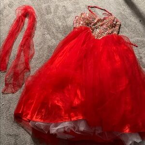 Red Strapless Ball Gown with Gold Diamond Accents – Formal / Prom Dress